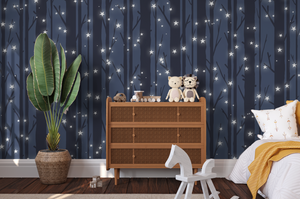 Peel and Stick and Traditional Starry Night Sky Wall Mural Nursery Bedroom Wallpaper - Stars Cresent Moon trees