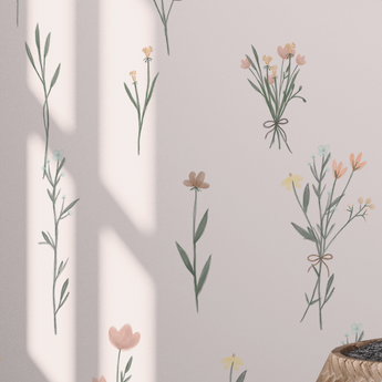 Painted Wildflower Meadow Flowers Peel and Stick or Traditional Wallpaper Wall Mural - blush nursery neutral