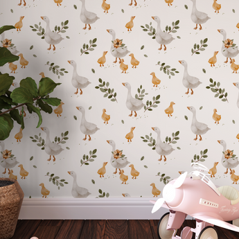 Farm Animals / Ducks and Ducklings Neutral Drawn Floral Wall Mural - Peel and Stick or Traditional Wallpaper - Girls Boys Flower Bedroom