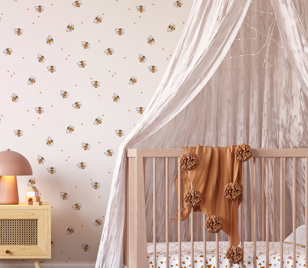 Farm Animals / Bumblebee Bee Neutral Drawn Floral Wall Mural - Peel and Stick or Traditional Wallpaper - Girls Boys Flower Bedroom