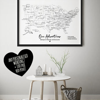 Personalised Map of United States of America USA - World Travel Push Pin Map Framed PLAIN - Fireflies Designs