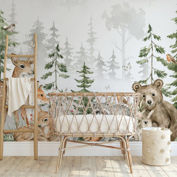 NEW! Peel and Stick Woodland Forest Animals Nursery Baby Removable Wallpaper - Trees Bear Mountains Deer Rabbit Flowers Fox