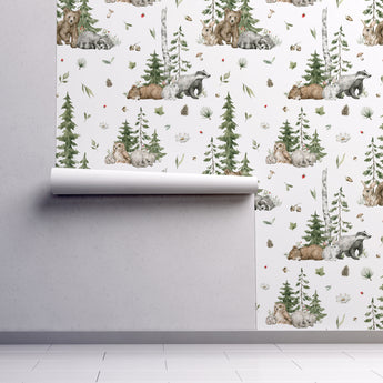 NEW! Peel and Stick Woodland Forest Animals Nursery Baby Removable Wallpaper - Trees Bear Mountains Deer Rabbit Flowers Fox