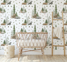 NEW! Peel and Stick Woodland Forest Animals Nursery Baby Removable Wallpaper - Trees Bear Mountains Deer Rabbit Flowers Fox