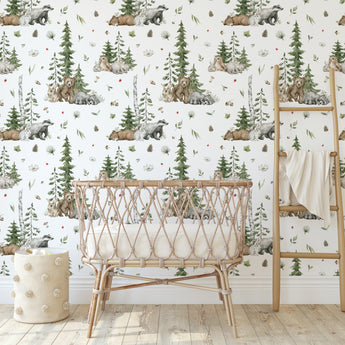 NEW! Peel and Stick Woodland Forest Animals Nursery Baby Removable Wallpaper - Trees Bear Mountains Deer Rabbit Flowers Fox