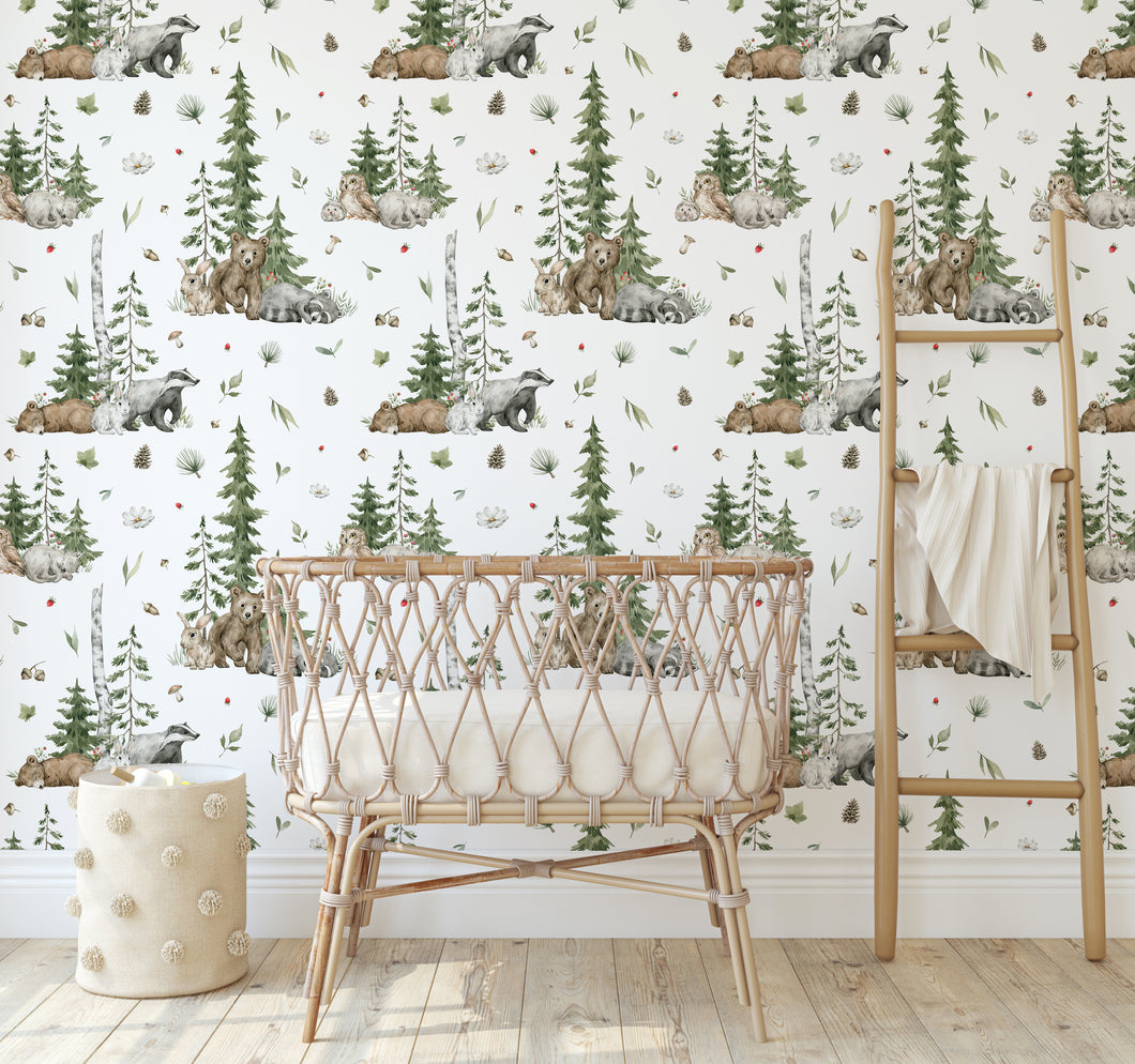 NEW! Peel and Stick Woodland Forest Animals Nursery Baby Removable Wallpaper - Trees Bear Mountains Deer Rabbit Flowers Fox
