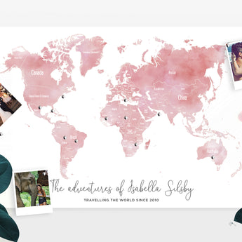Personalised WORLD Travel World Map Pin Board WATERCOLOUR LABELLED