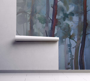 Kids Nursery Twilight Forest Blue - Trees Wall Mural, Removable Wallpaper, Peel And Stick, Wall Covering, Self adhesive, Wall Decor