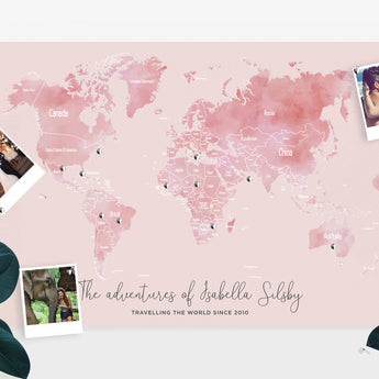 Personalised WORLD Travel World Map Pin Board WATERCOLOUR LABELLED