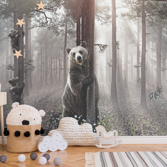 Kids Childrens Art Forest Trees and bear Wall Mural, Removable Wallpaper, Peel And Stick, Wall Covering, Repositionable, Self adhesive, Wall Decor, Reusable