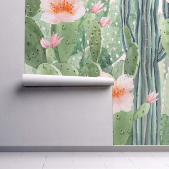 Peel and Stick CACTUS Blossom Wallpaper Watercolour Flower Pink Peach