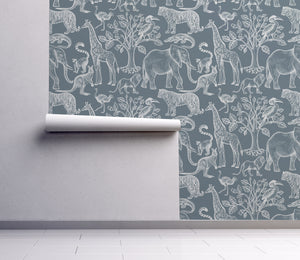 NEW! Peel and Stick Jungle Safari Animals Nursery Baby Removable Wallpaper - Lion Cub Elephant Giraffe Parrot Pattern