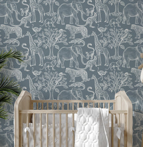 NEW! Peel and Stick Jungle Safari Animals Nursery Baby Removable Wallpaper - Lion Cub Elephant Giraffe Parrot Pattern