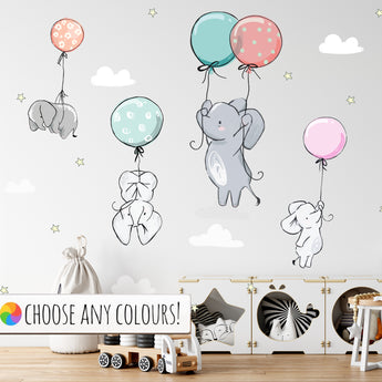 Elephants with Balloons Nursery Wall Stickers / Decals - Childrens Bedroom, Rabbit Mural, New Baby, Kids Bedroom