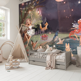 Peel and Stick Magical Fairy Starry Night Sky Wall Mural Nursery Bedroom Wallpaper - Forest Woodland Animals Rabbit Fox 