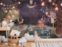 Peel and Stick Magical Fairy Starry Night Sky Wall Mural Nursery Bedroom Wallpaper - Forest Woodland Animals Rabbit Fox 