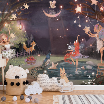 Peel and Stick Magical Fairy Starry Night Sky Wall Mural Nursery Bedroom Wallpaper - Forest Woodland Animals Rabbit Fox 