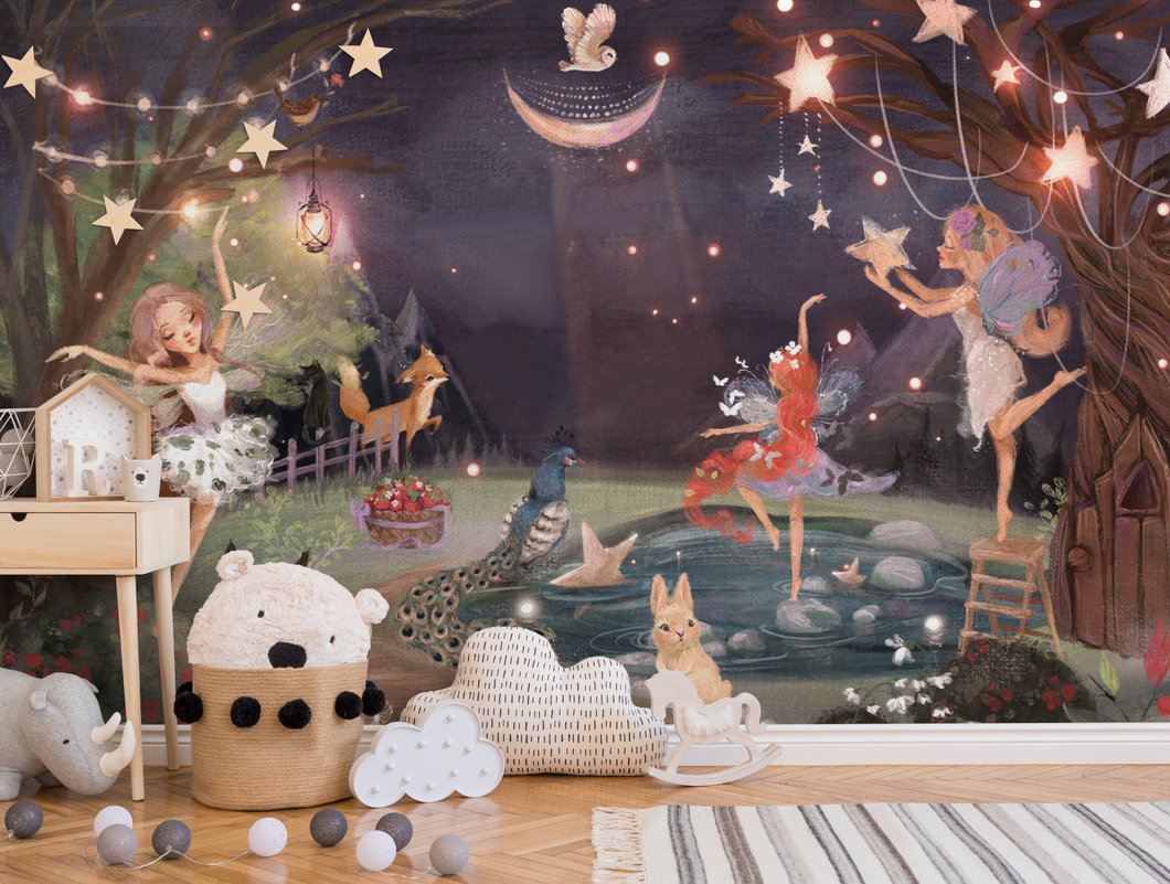 Peel and Stick Magical Fairy Starry Night Sky Wall Mural Nursery Bedroom Wallpaper - Forest Woodland Animals Rabbit Fox 