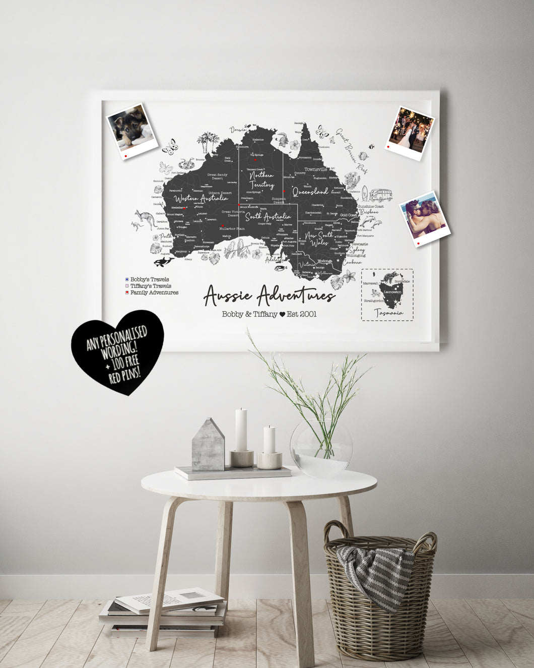 Personalised FRAMED Map of Australia - Travel World Map Push Pin-board Australian