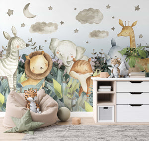NEW! Peel and Stick Jungle Safari Animals Nursery Baby Removable Wallpaper - Lion Cub Elephant Giraffe Parrot