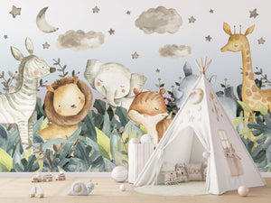 NEW! Peel and Stick Jungle Safari Animals Nursery Baby Removable Wallpaper - Lion Cub Elephant Giraffe Parrot