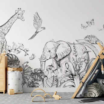 Removable Jungle Animal Elephant Giraffe Parrot Nursery Wallpaper Temporary Peel and Stick - Tropical Animal Patterns