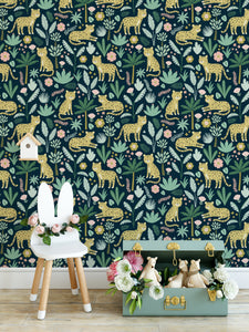 Peel and Stick Jungle Leopard Cats Floral Cactus Wallpaper TEAL