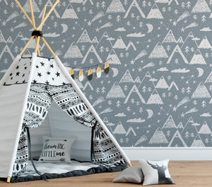 Scandinavian mountains, moon & Star- Trees Wall Mural, Removable Wallpaper, Peel And Stick, Wall Covering, Self adhesive, Wall Decor