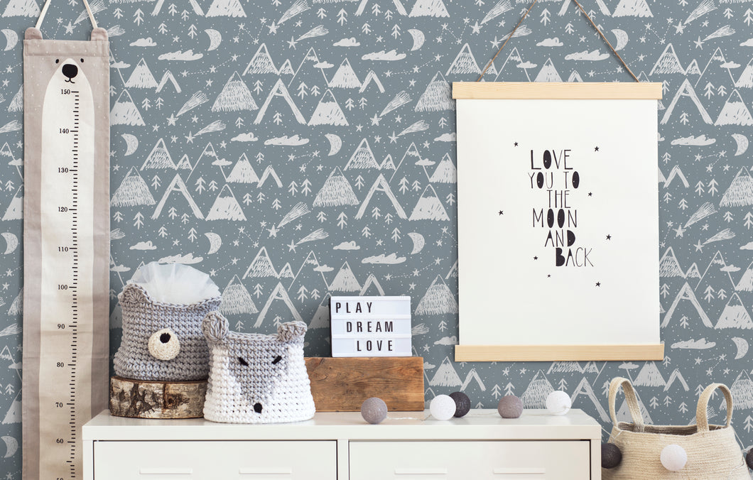 Scandinavian mountains, moon & Star- Trees Wall Mural, Removable Wallpaper, Peel And Stick, Wall Covering, Self adhesive, Wall Decor