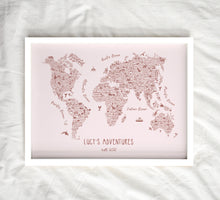 Personalised Rosalie Illustrated World Travel Map - Boho Blush Pink POSTER MAP