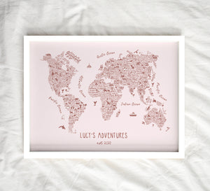 Personalised Rosalie Illustrated World Travel Map - Boho Blush Pink POSTER MAP