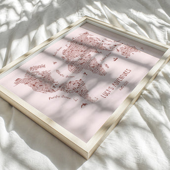 Personalised Rosalie Illustrated World Travel Map - Boho Blush Pink POSTER MAP - Fireflies Designs