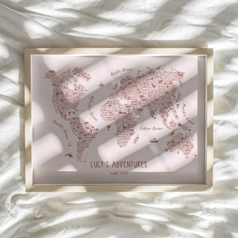 Personalised Rosalie Illustrated World Travel Map - Boho Blush Pink POSTER MAP - Fireflies Designs