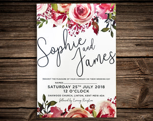 Rustic Personalised Watercolour Pink Floral Flower Wedding Invitations - Handmade Kraft Stationary Shabby Chic Bundle