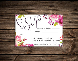 Rustic Personalised Watercolour Pink Floral Flower Wedding Invitations - Handmade Kraft Stationary Shabby Chic Bundle