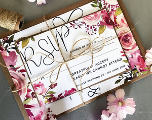 Rustic Personalised Watercolour Pink Floral Flower Wedding Invitations - Handmade Kraft Stationary Shabby Chic Bundle