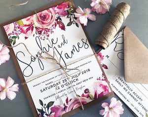 Rustic Personalised Watercolour Pink Floral Flower Wedding Invitations - Handmade Kraft Stationary Shabby Chic Bundle