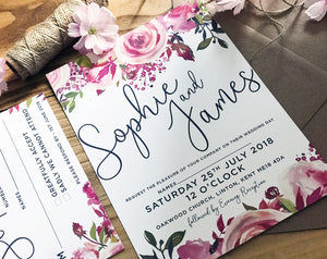 Rustic Personalised Watercolour Pink Floral Flower Wedding Invitations - Handmade Kraft Stationary Shabby Chic Bundle