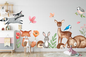 Forest Woodland Animal Wall Peel and Stick Removable Decals Watercolour - FOX BEAR DEER RABBIT HEDGEHOG RACOON
