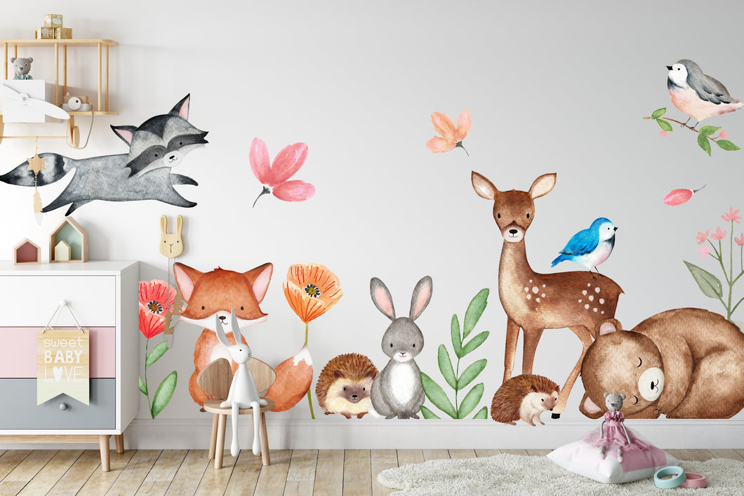 Forest Woodland Animal Wall Peel and Stick Removable Decals Watercolour - FOX BEAR DEER RABBIT HEDGEHOG RACOON