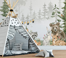 NEW! Peel and Stick Woodland Forest Animals Nursery Baby Removable Wallpaper - Trees Bear Mountains Deer Rabbit Flowers Fox