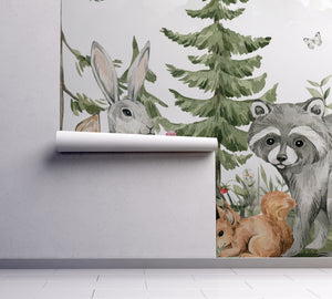 NEW! Peel and Stick Woodland Forest Animals Nursery Baby Removable Wallpaper - Trees Bear Mountains Deer Rabbit Flowers Fox