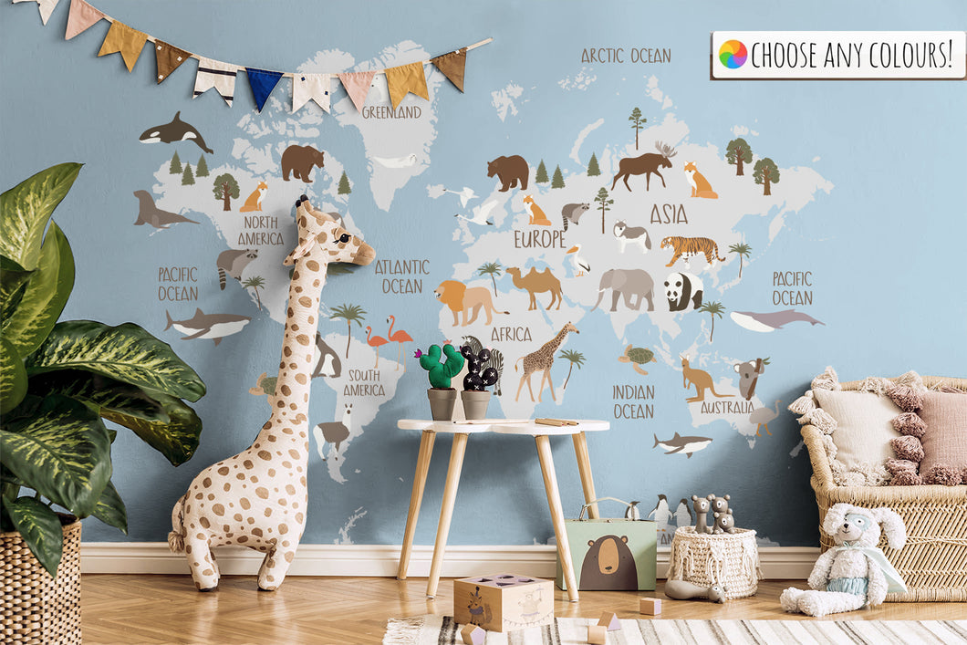 Removable Map Atlas World Animal Peel and Stick Wallpaper- Elephant Giraffe Parrot Nursery Wallpaper Tiger Temporary