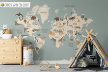 Removable Map Atlas World Animal Peel and Stick Wallpaper- Elephant Giraffe Parrot Nursery Wallpaper Tiger Temporary