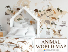 Removable Map Atlas World Animal Peel and Stick Wallpaper- Elephant Giraffe Parrot Nursery Wallpaper Tiger Temporary